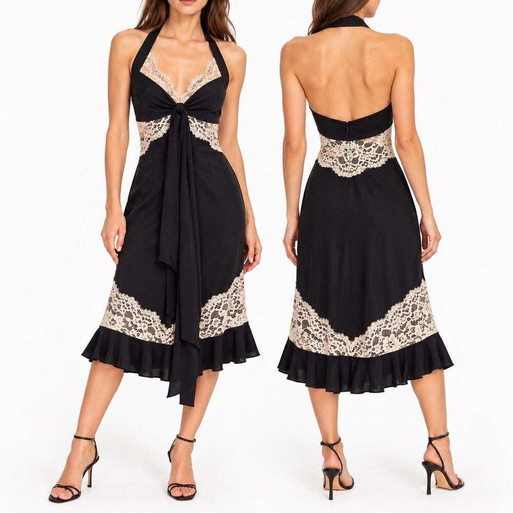 Vintage Y2K Nicole Miller Silk Lace Halter Dress Black Size 4